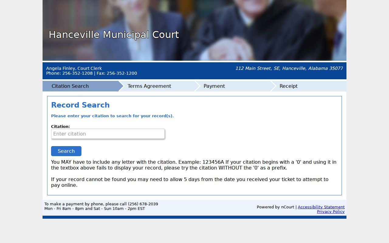 Hanceville Municipal Court citation-only warrant search field